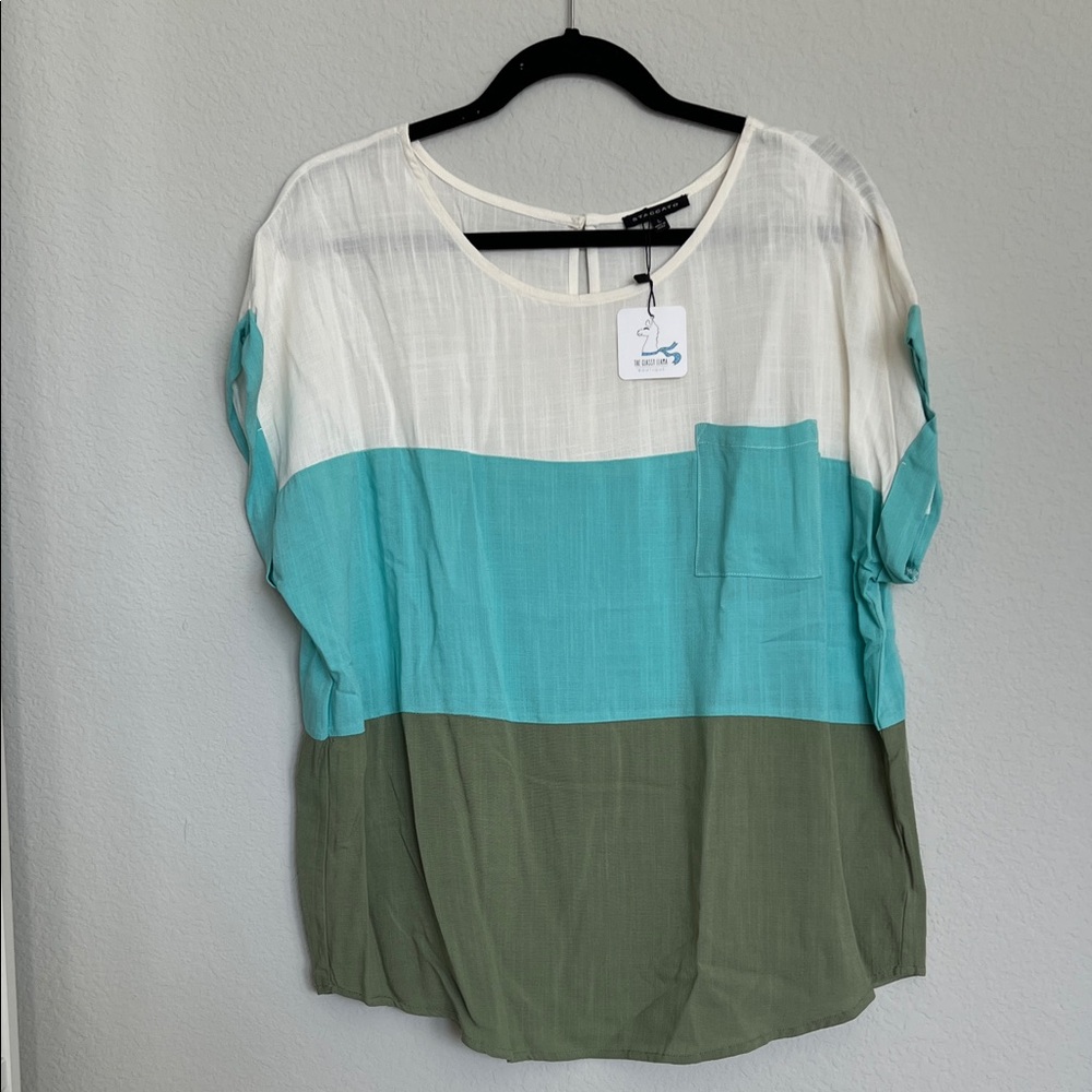 Staccato Blue Green White Color Block Shirt